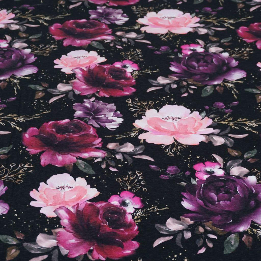 Sweat Stoff Rosenblüten pink schwarz - Glitzerpüppi